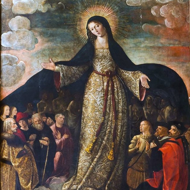 La Madre de Diez de los Navegantes (a la izquierda, de rodillas y con una capa dorada, Colón). Fuente Reales Astilleros de Sevilla La Madre de Diez de los Navegantes (a la izquierda, de rodillas y con una capa dorada, Colón). Fuente Reales Astilleros de Sevilla