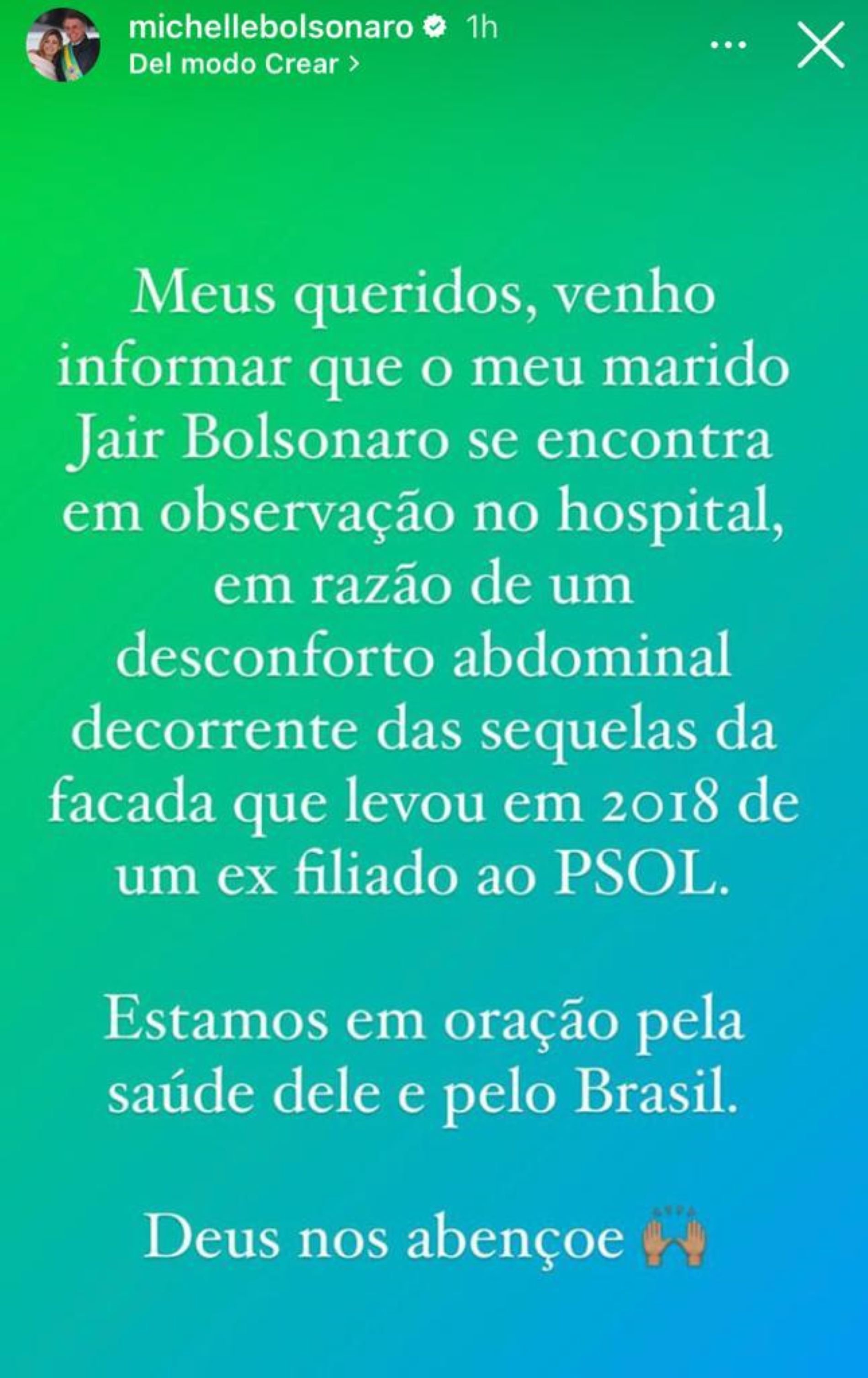 Jair Bolsonaro ingresado, mensaje da Michelle Bolsonaro / Instagram Michelle Bolsonaro