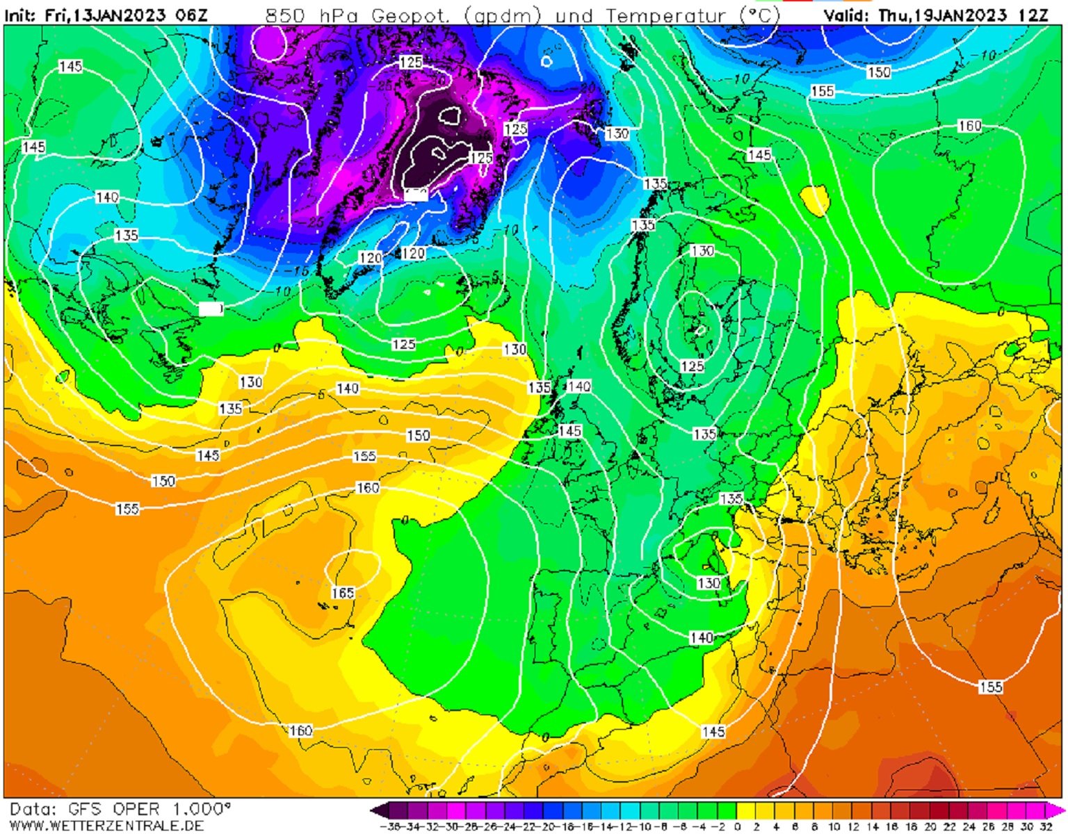  5ºC a 1.500 metres dijous, 19 de gener GFS Wetterzentrale