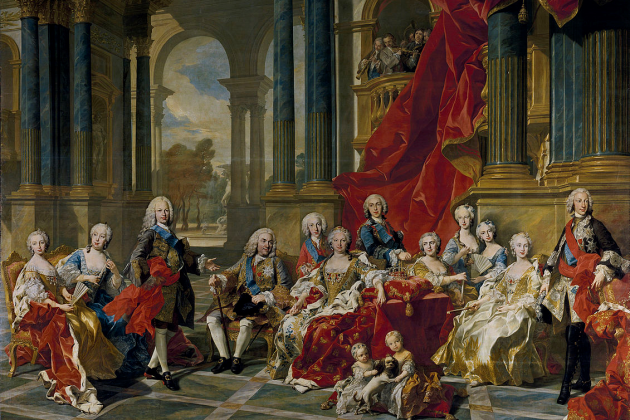 La família de Felip V (1743). Felip V es el quart per l'esquerra. Retrat coetani de Louis Van Loo. Font Museo del Prado. Madrid