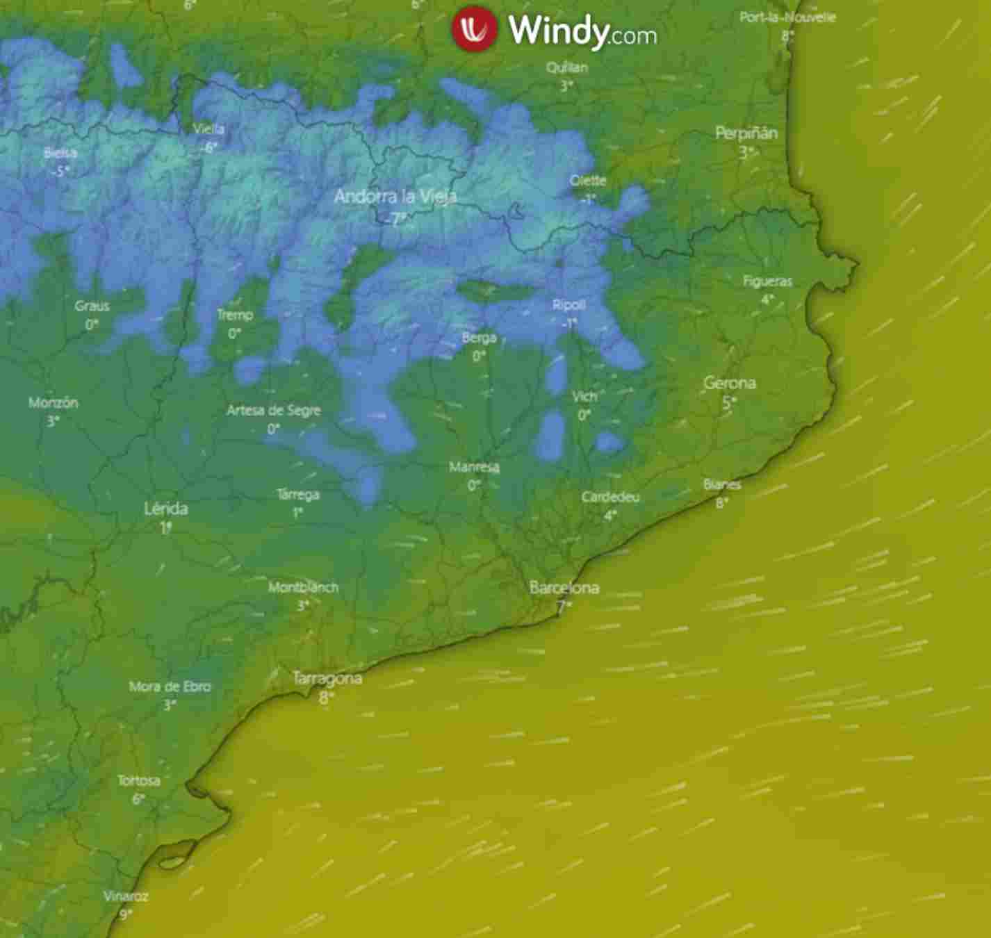 Los valores azules indican dónde la temperatura bajará de los 0 °C. Las heladas se extienden esta semana / WINDY