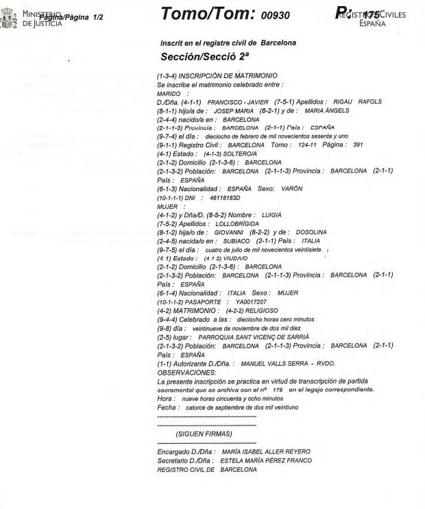 Certificado matrimonial Rigau Lollobrigida xavierrigaucom Certificado matrimonial Rigau Lollobrigida xavierrigaucom