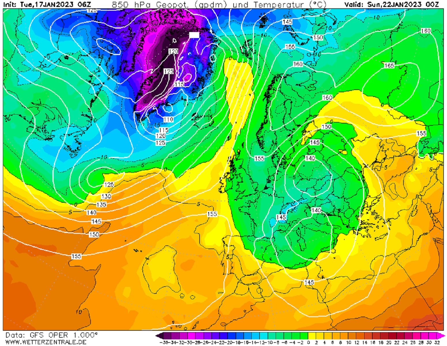 Temperatura 1.500 metres dissabte nit GFS Wetterzentrale