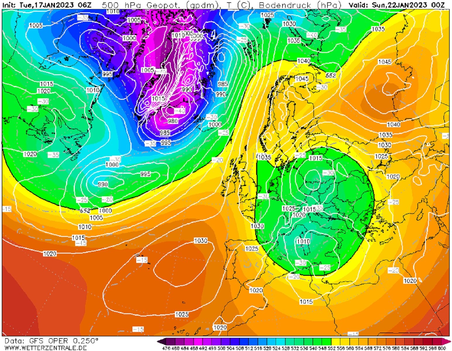 Bossa freda 5.600 metres dissabte nit GFS Wetterzentrale