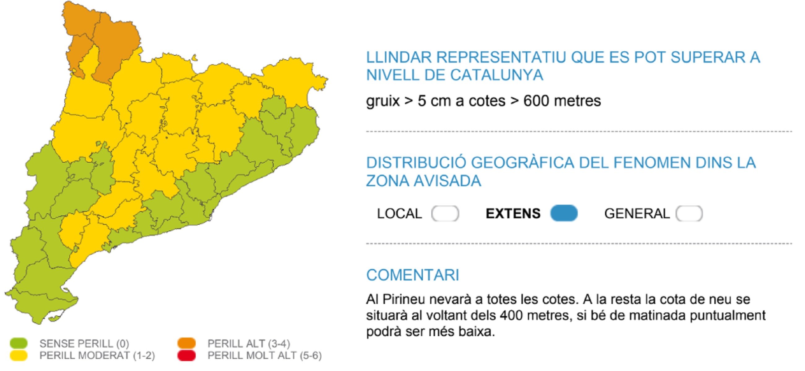 Mapa peligro nieve jueves, 19 de enero Catalunya Meteocat