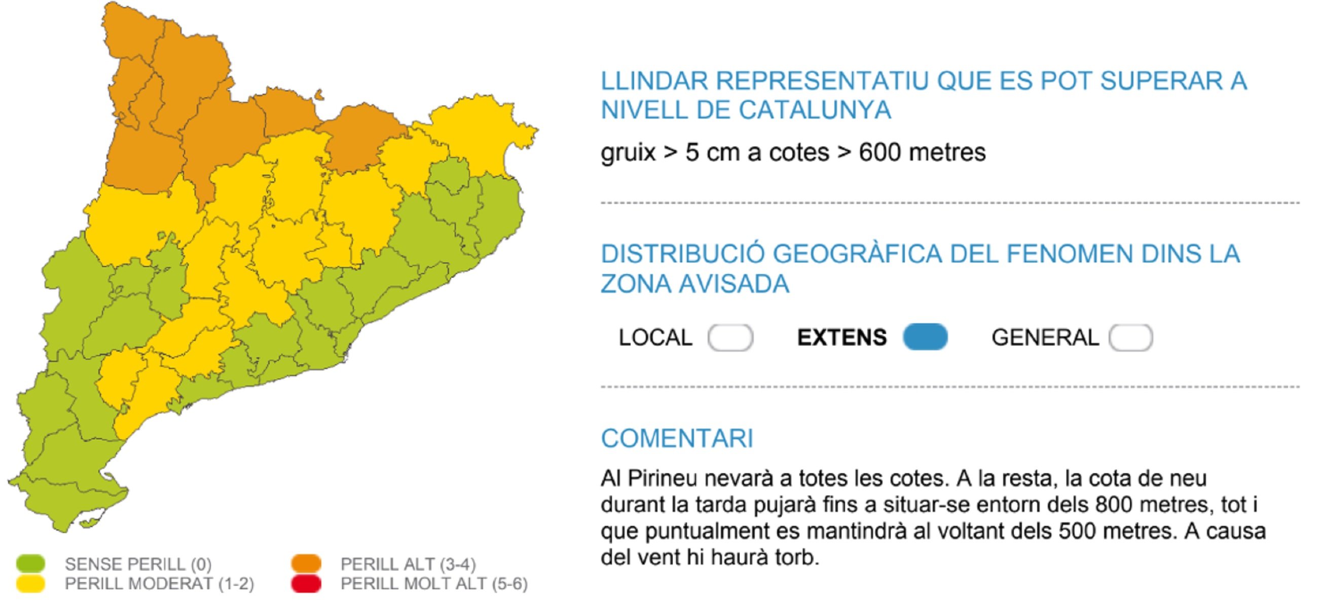 Mapa peligro nieve cotas bajas Catalunya Meteocat