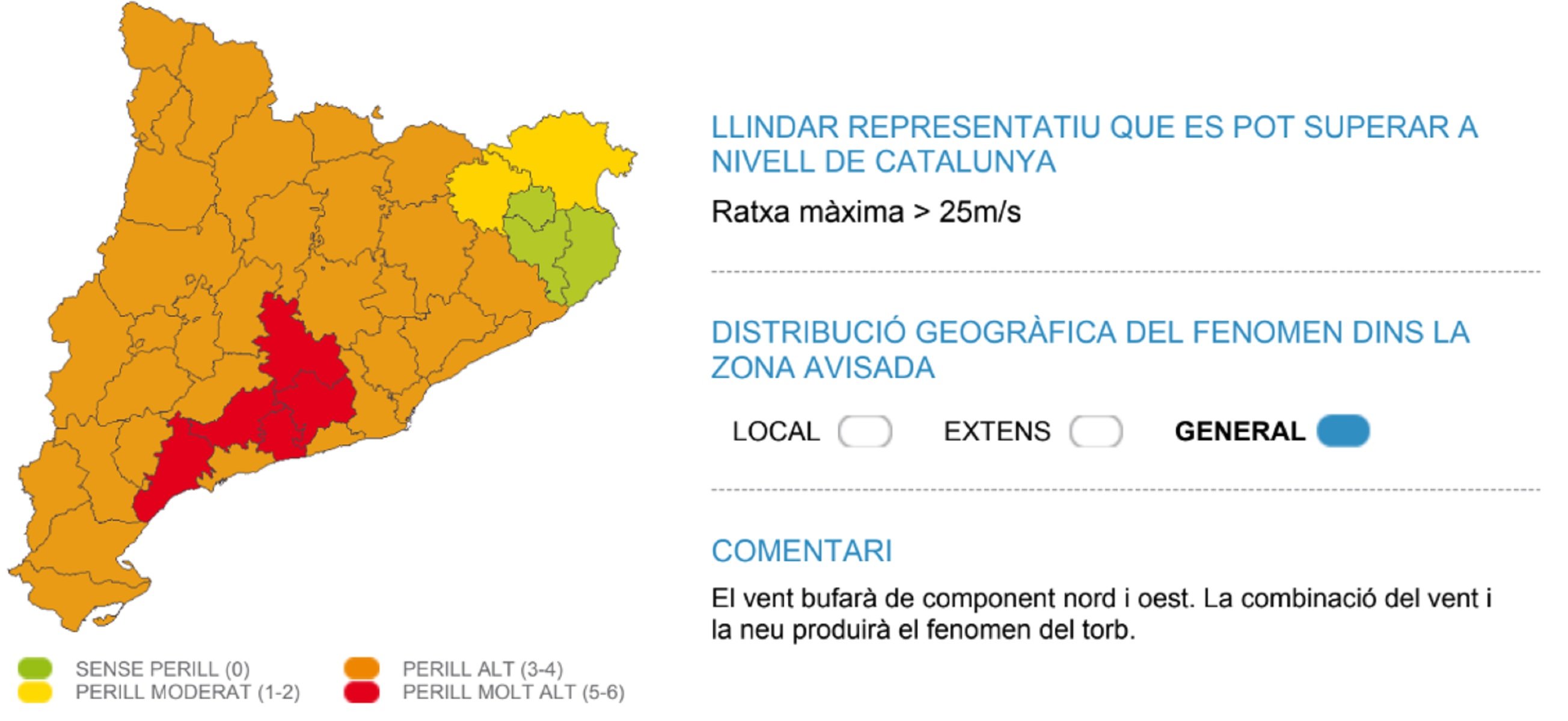 Mapa peligro viento Meteocat