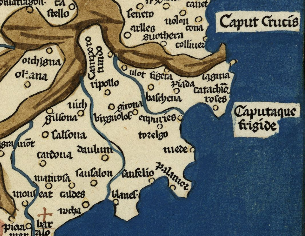 Fragmento de un mapa de la península ibérica (1484), con la plana|llanura del Empordà. Fuente Cartoteca de Catalunya