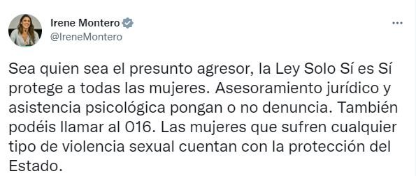 Tuit Irene Montero Dani Alves llei si es si