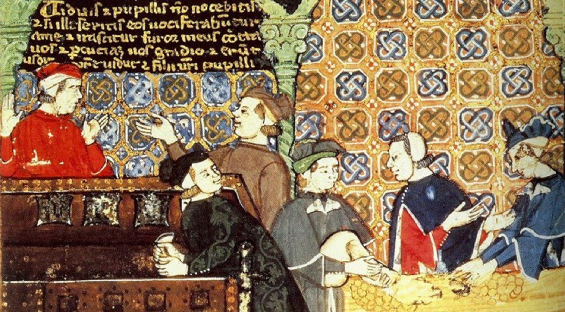Representación de un grupo de mercaderes en la Casa de la Llotja de Barcelona (siglo XV). Fuente: Encyclopedia Britannica