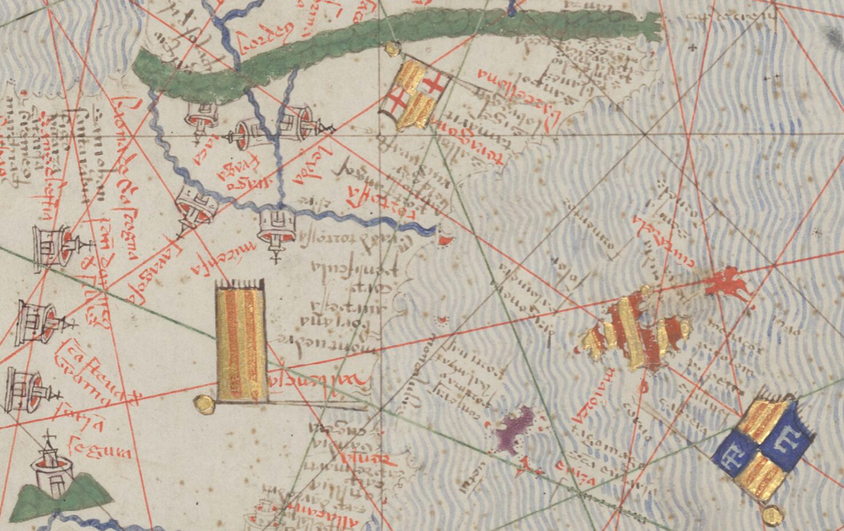 Fragmento del Atlas Catalán de Abrahán Crezcas. Los territorios de la expansión catalana. Fuente Bibilothèque Nationale de France Fragmento del Atlas Catalán de Abrahán Crezcas. Los territorios de la expansión catalana. Fuente Bibilothèque Nationale de France