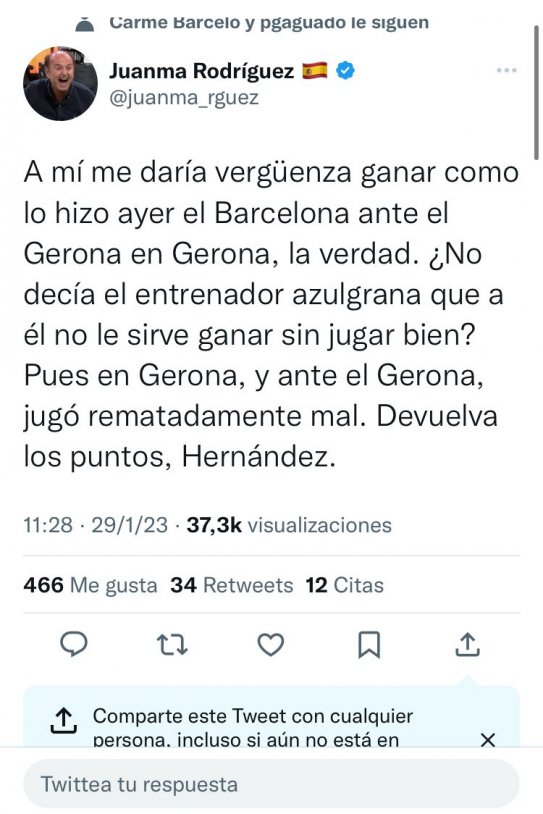 Tuit catalanófobo de Juanma Rodríguez sobre Girona Twitter Tuit catalanófobo de Juanma Rodríguez sobre Girona Twitter