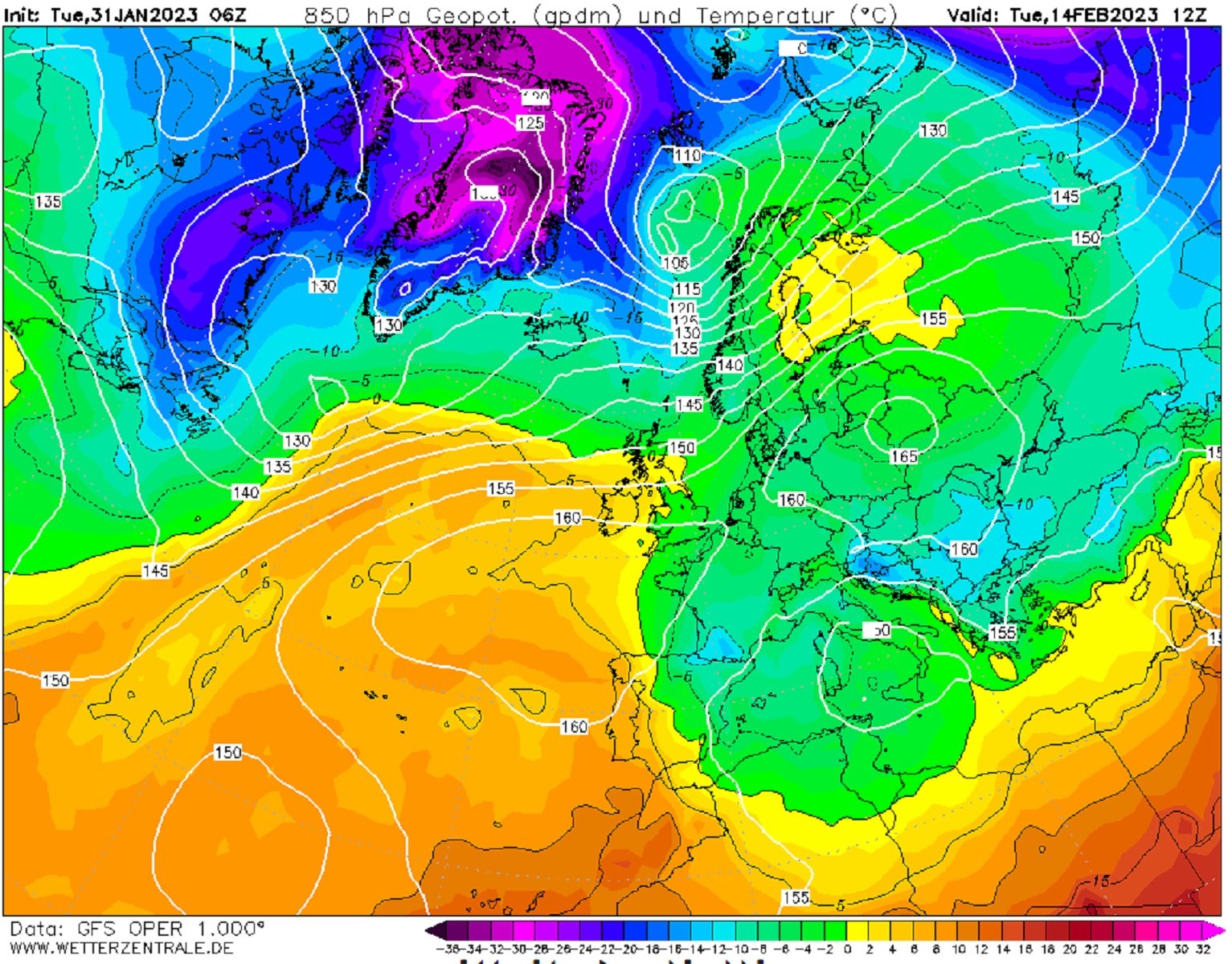 Fred siberià mapa 1.500 dimarts, 14 febrer GFS Wetterzentrale