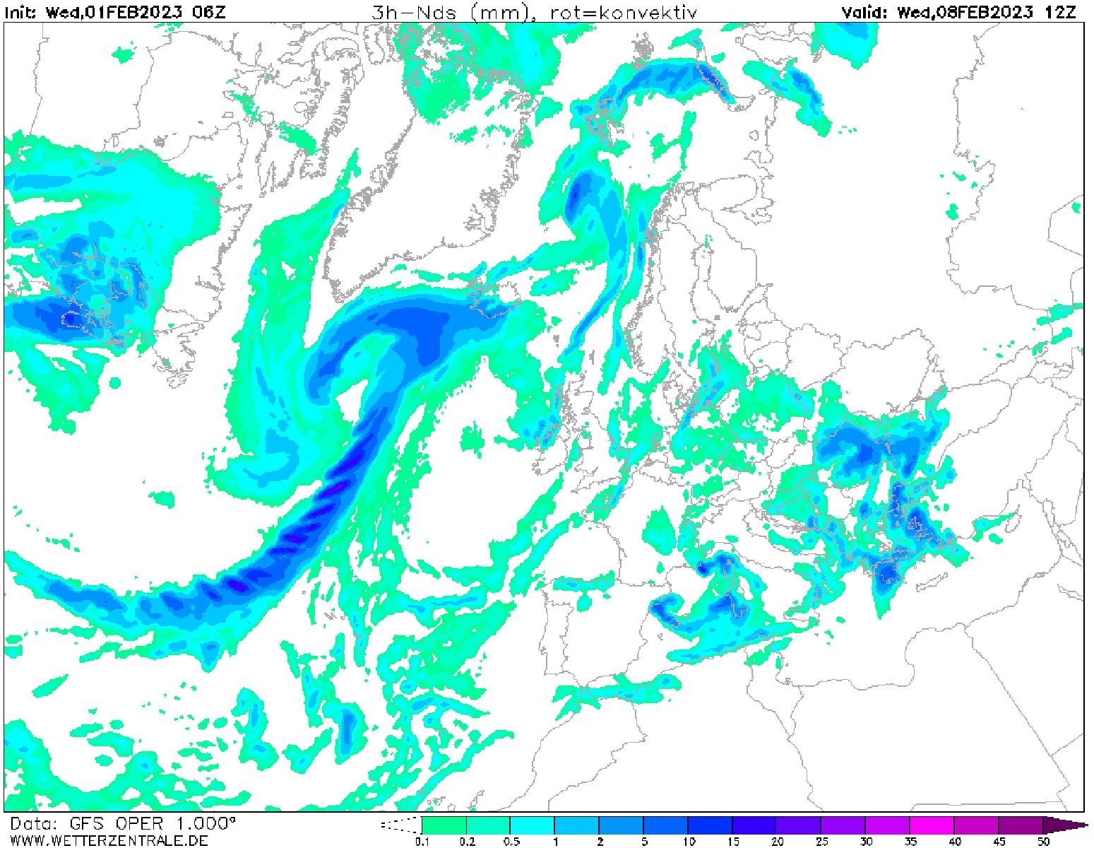 Nieve en la costa miércoles, 8 de febrero GFS Wetterzentrale