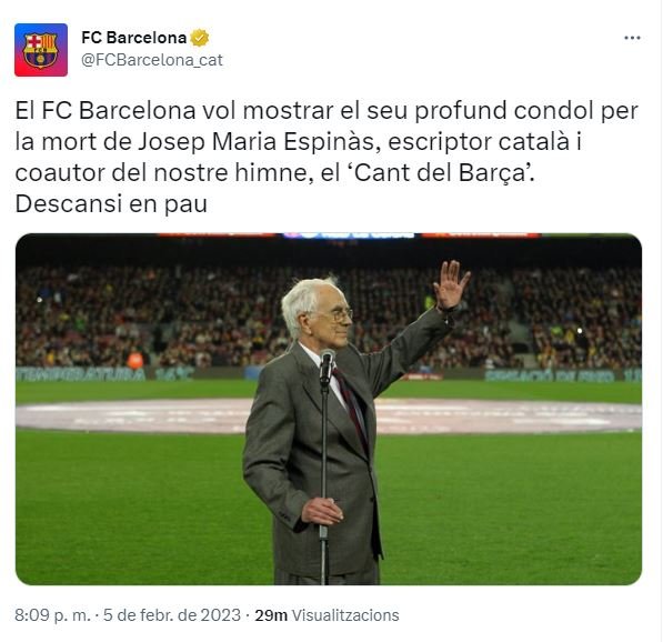 Tuit FC Barcelona mor josep maria espinas Tuit FC Barcelona mor josep maria espinas