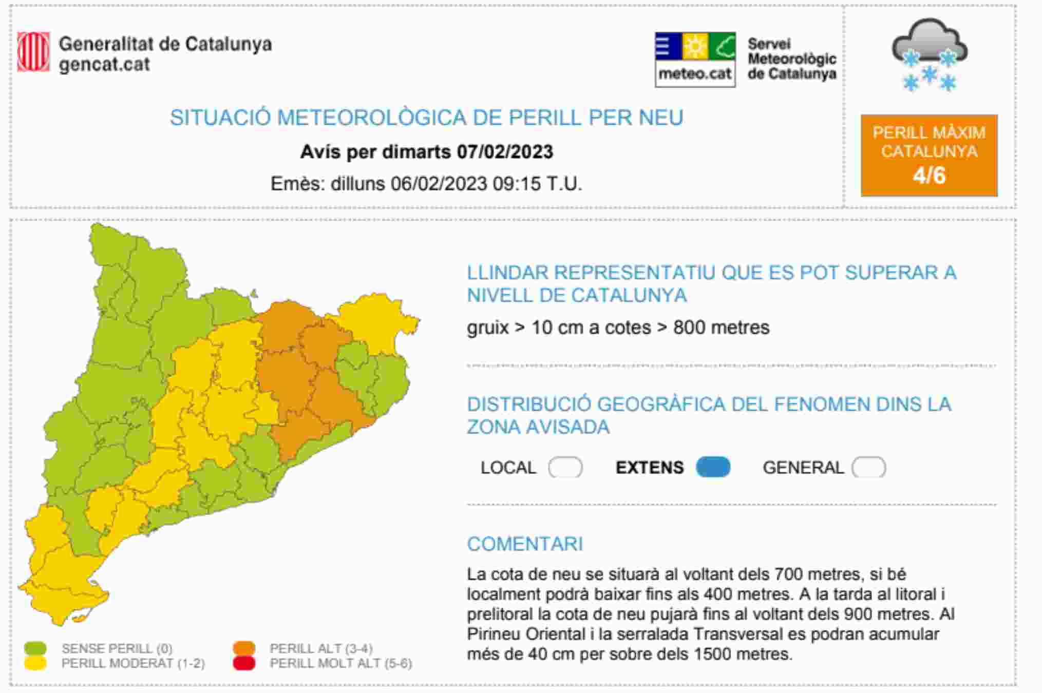Avís per neu a moltes comarques Catalanes per dimarts / Font: Servei Meteorològic de Catalunya 