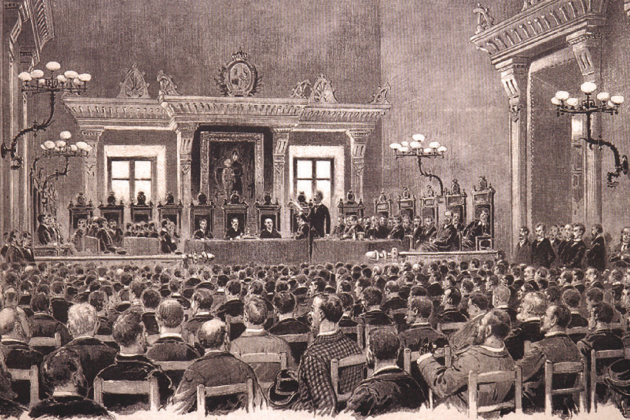 Lliuren a Alfons XII la primera reivindicació del catalanisme contemporani. Gravat de les sessions de les Bases de Manresa. Font Ajuntament de Manresa
