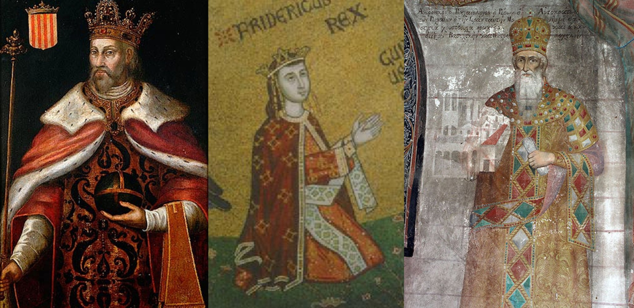 Pere el Gran, Federico II de Sicília y Andrónic II. Fuente Palau de la Generalitat, Duomo de Mesina y Monasterio de Sierras Pere el Gran, Federico II de Sicília y Andrónic II. Fuente Palau de la Generalitat, Duomo de Mesina y Monasterio de Sierras
