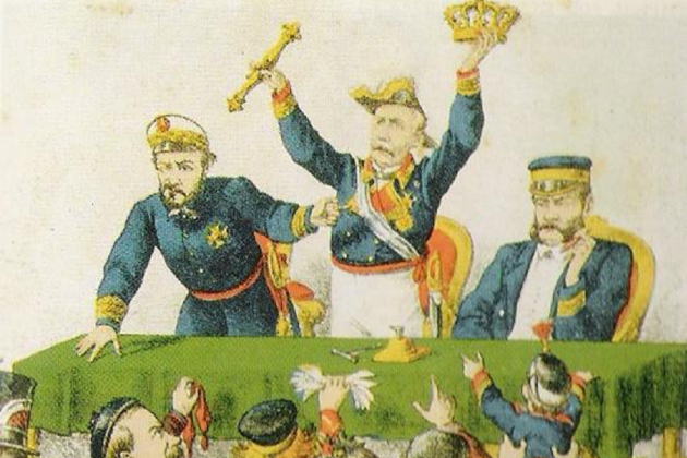 Caricatura. Prim, Serrano i Topete subasten la corona espanyola després de la Revolució Gloriosa. Font Revista La Flaca (1869)