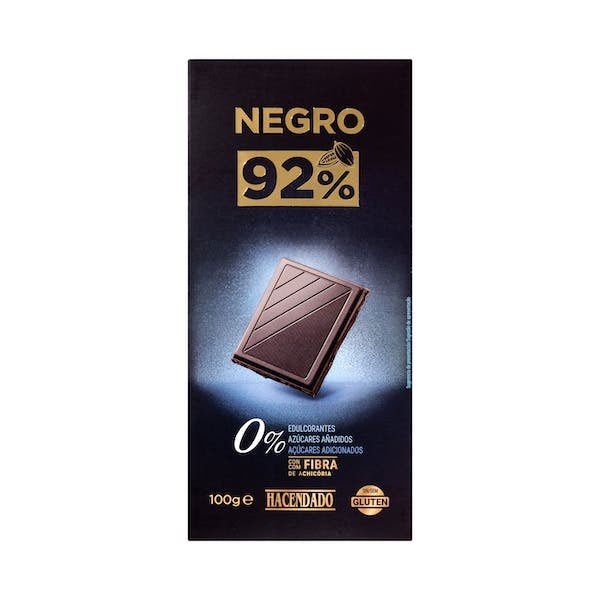 Chocolate negro 92% cacao 0% azúcares añadidos con fibra de achicoria de Hacendado