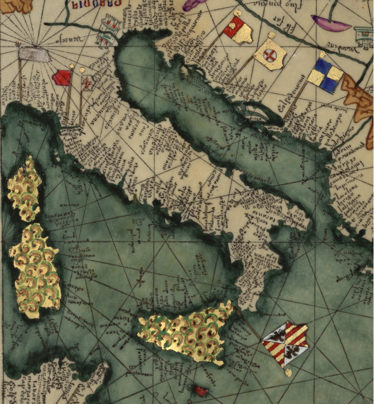 Fragmento del Atlas Catalán de Abrahán Crezcas (1375). La península italiana. Fuente Bibliothèque Narionale de France