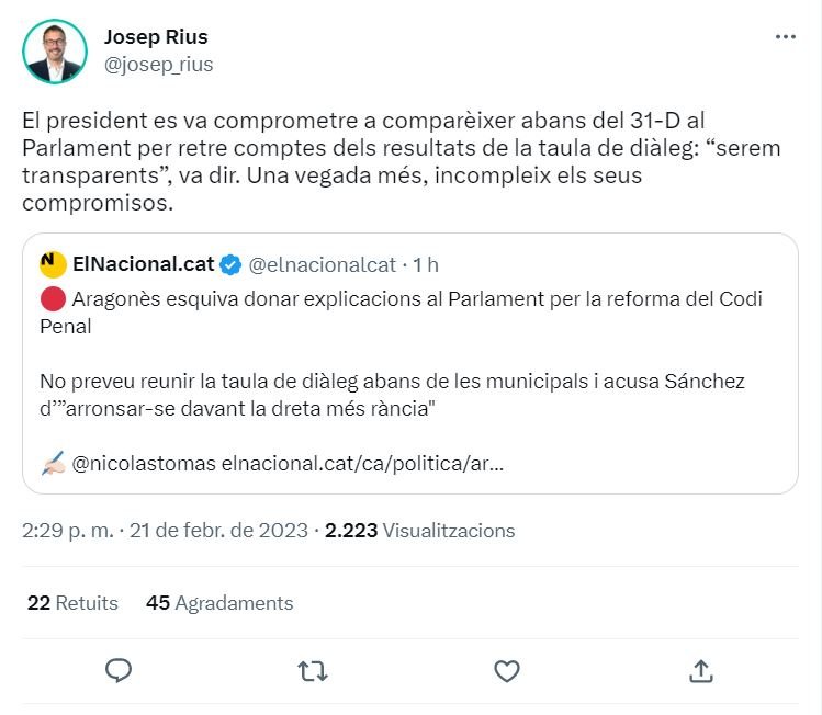 TUIT Josep Rius Pere Aragonès reforma Código Penal TUIT Josep Rius Pere Aragonès reforma Código Penal