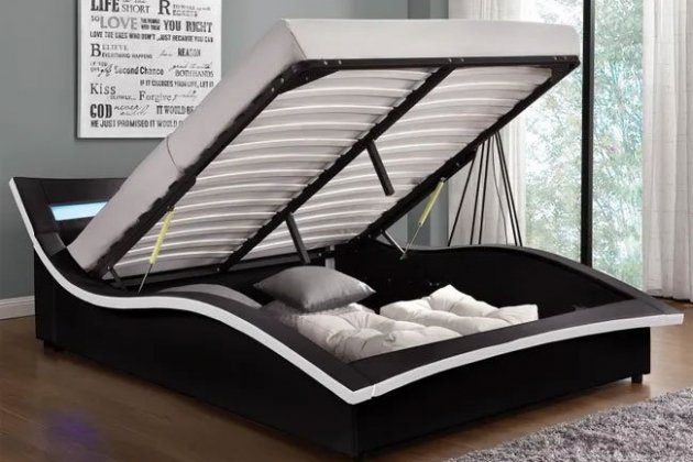 Estructura de cama negra con caja de almacenaje y LED CAMDEN