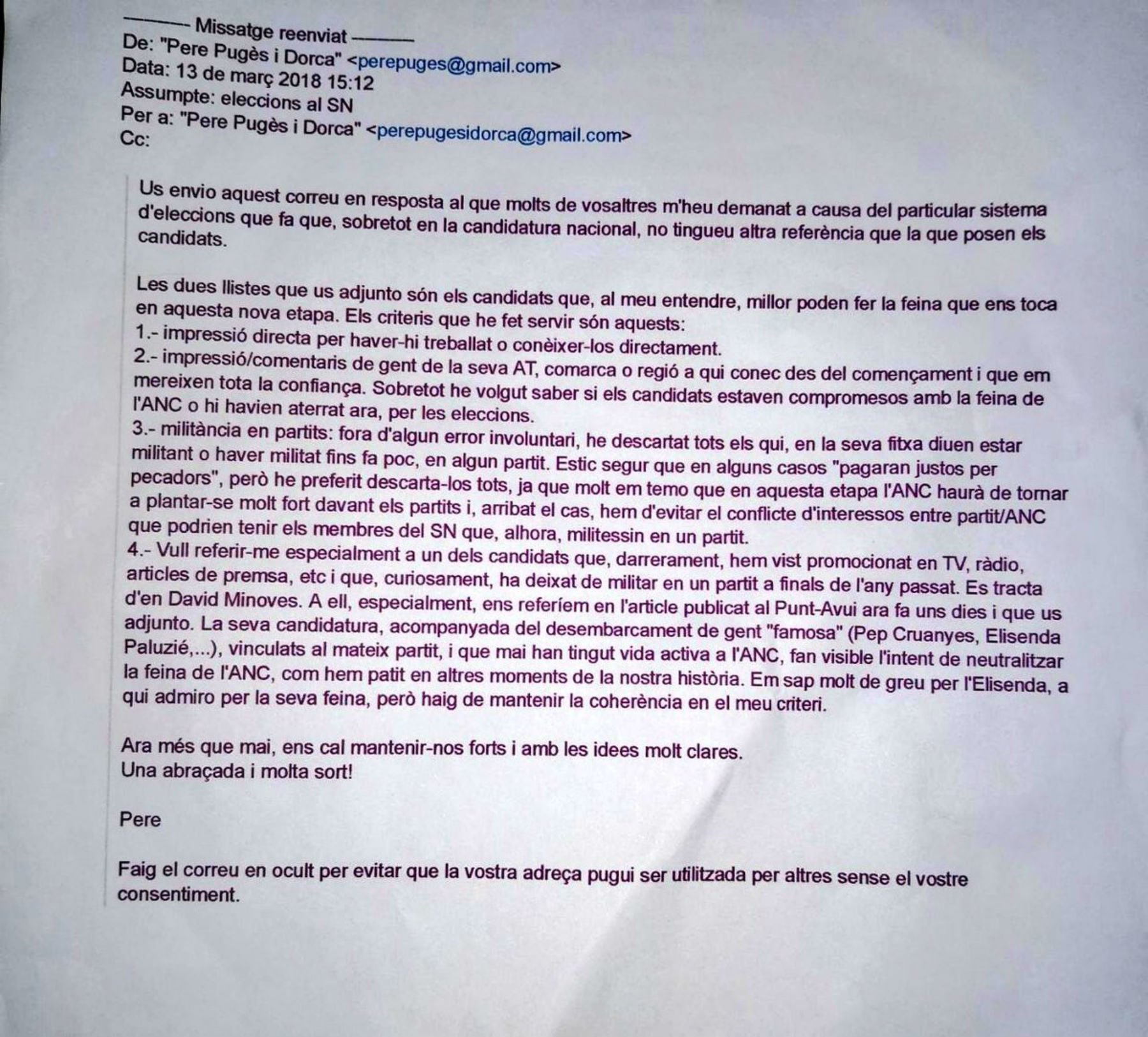 El suposat correu que separa entre bons i dolents els candidats de l'ANC