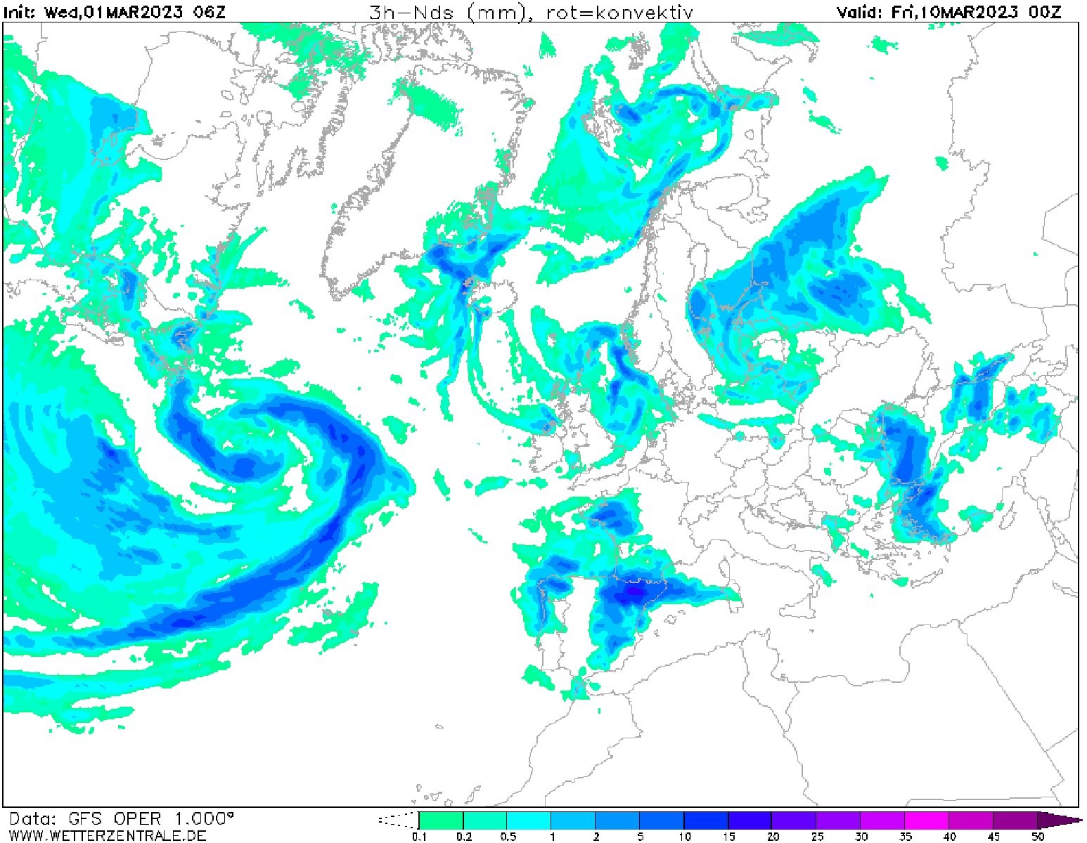 Pluja dijous, 9 de març a la nit GFS Wetterzentrale