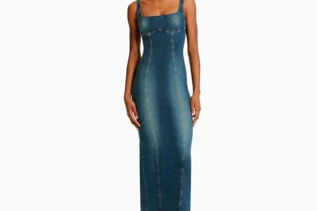 Vestido denim largo con tirantes efecto lavado