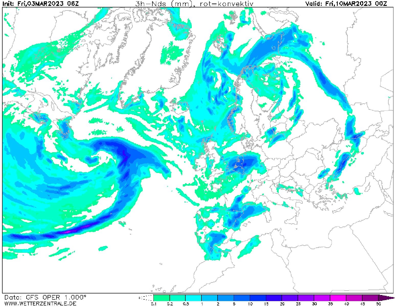 Pluges dijous, 9 de març al vespre GFS Wetterzentrale