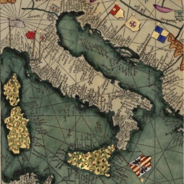 Fragment de l'Atles Català (1375), amb Sicília, Sardenya i còrsega acolorides com a dominis catalans. Font Bibliothèque Nationale de France