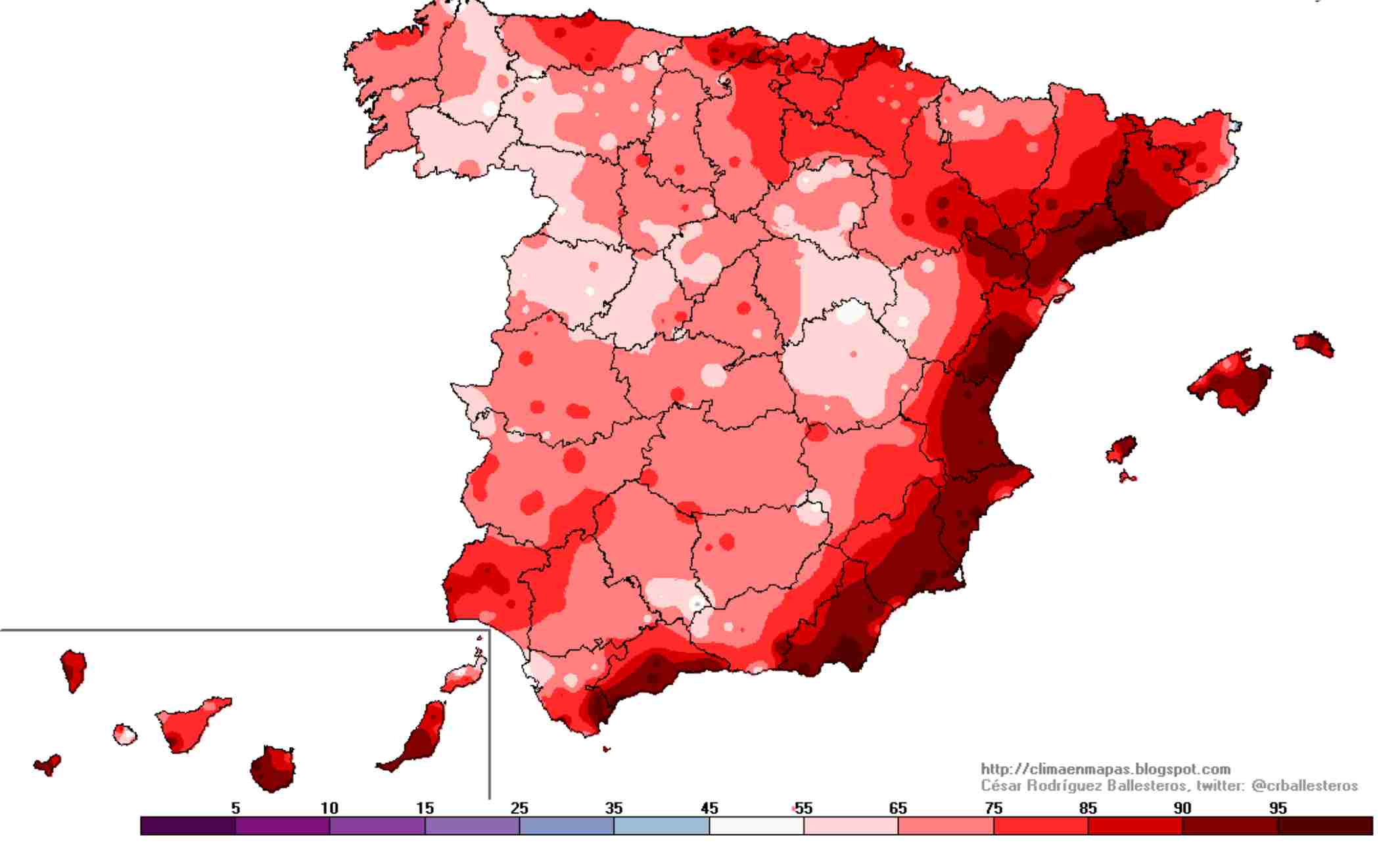 Percentil de temperatura màxima prevista per dijous 9 de març. Els colors més foscos indiquen temperatures que passen del percentil 90 i 95: farà més calor del que tocaria / Font: http://climaenmapas.blogspot.com