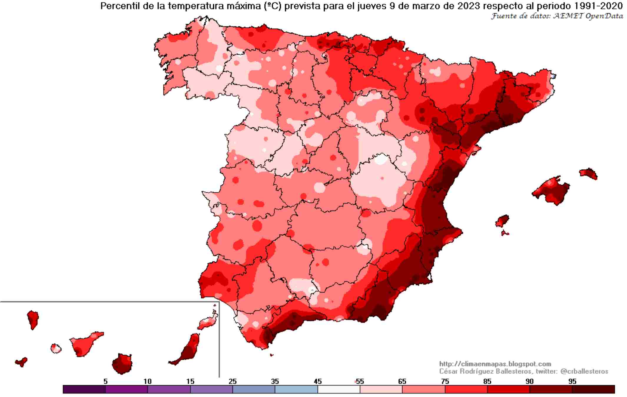 Percentil de temperatura máxima prevista para el jueves 9 de marzo. Los colores más oscuros indican temperaturas que pasan del percentil 90 y 95: hará más calor del que tocaría / Fuente: http://climaenmapas.blogspot.com