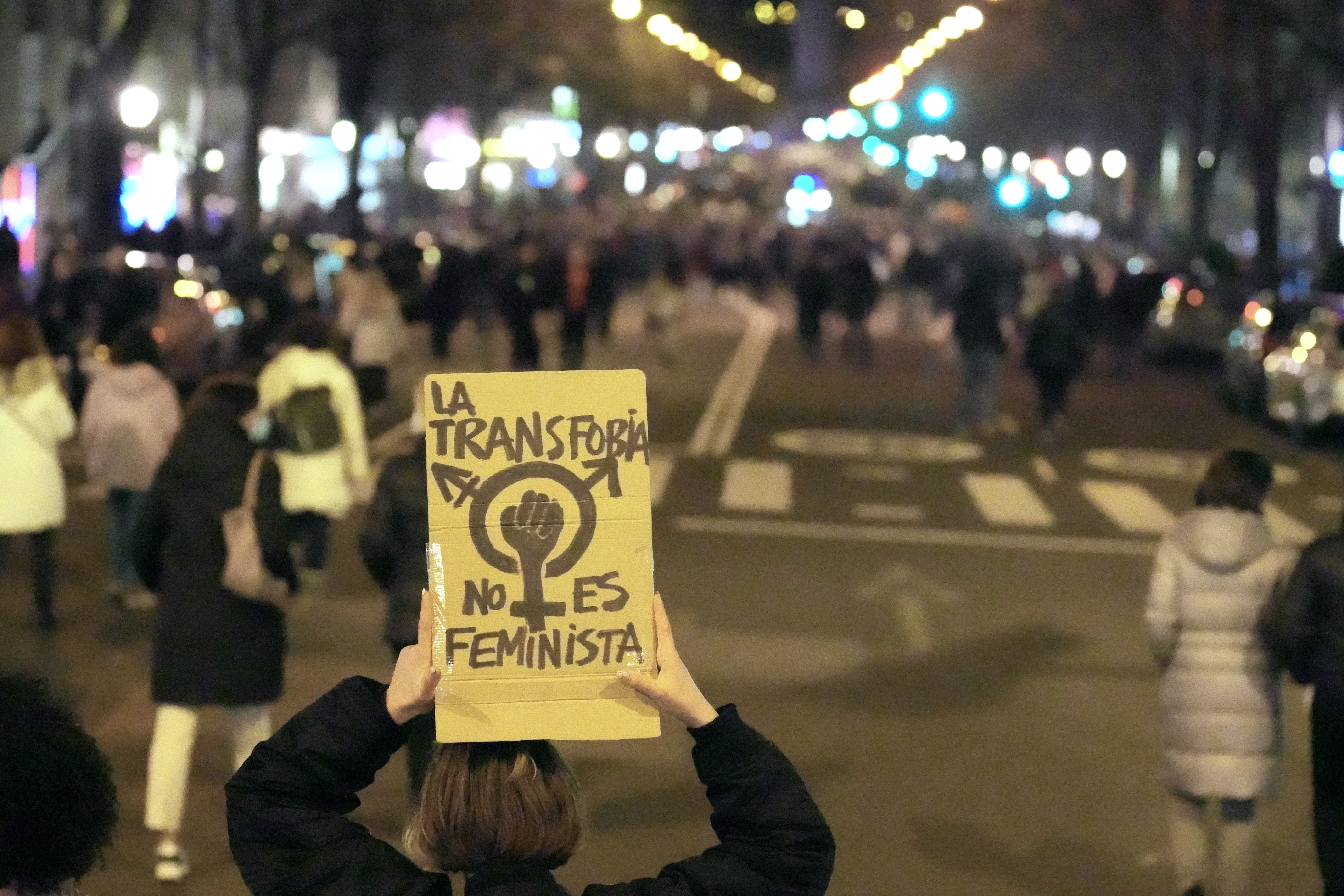 Una manifestant sosté una pancarta transinclusiva a la manifestació del 8-M del 2023. Foto: Europa Press