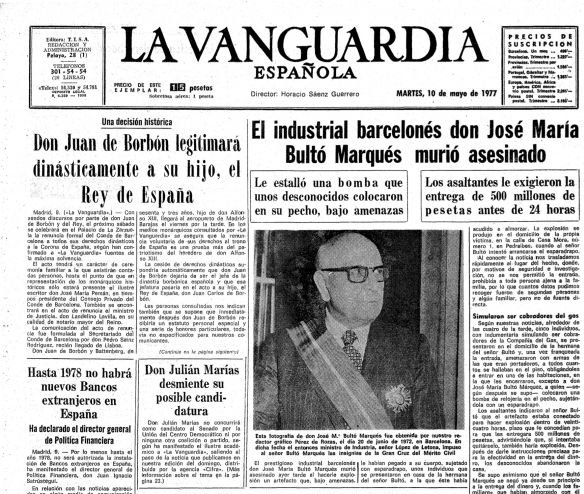 Portada de la Vanguardia després de la mort de Bultó el 10 de maig de 1977