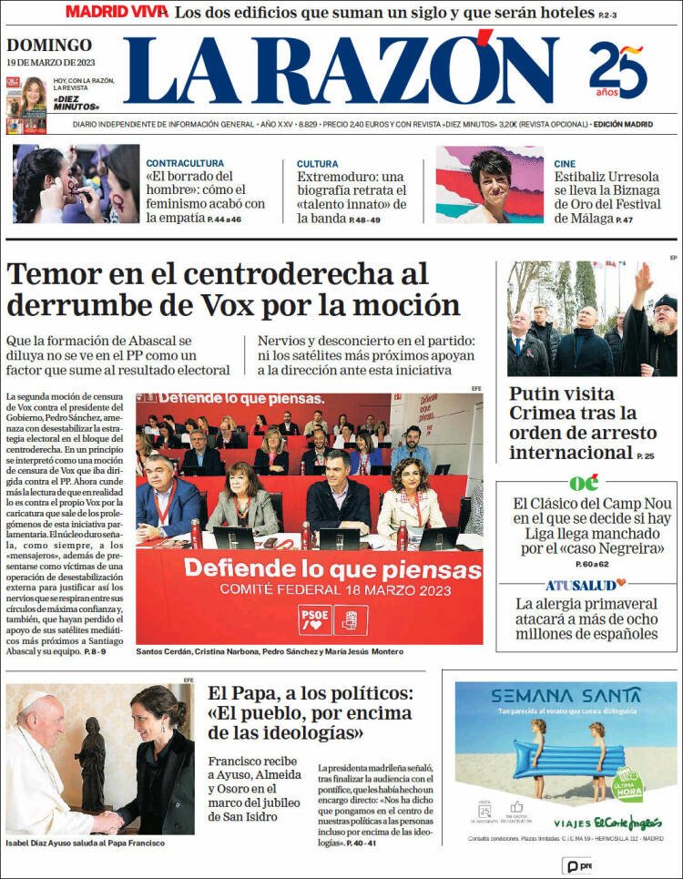 Portada 'La Razón' 19 de marzo Portada 'La Razón' 19 de marzo