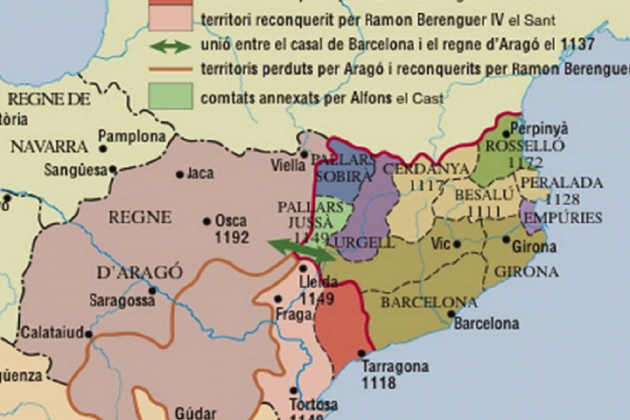 Mapa de la unión dinástica Barcelona Aragó (siglo XII). Font Enciclopedia
