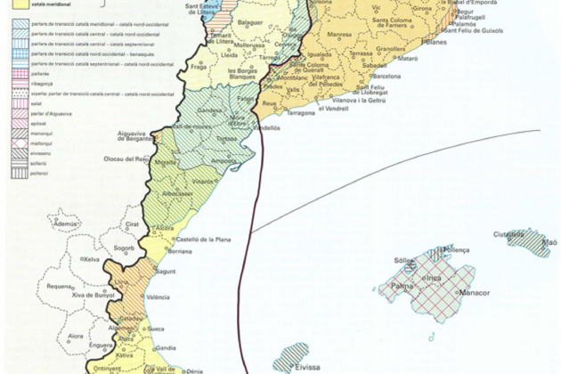 Mapa del dominio lingüístico actual del catalán. Font Enciclopedia