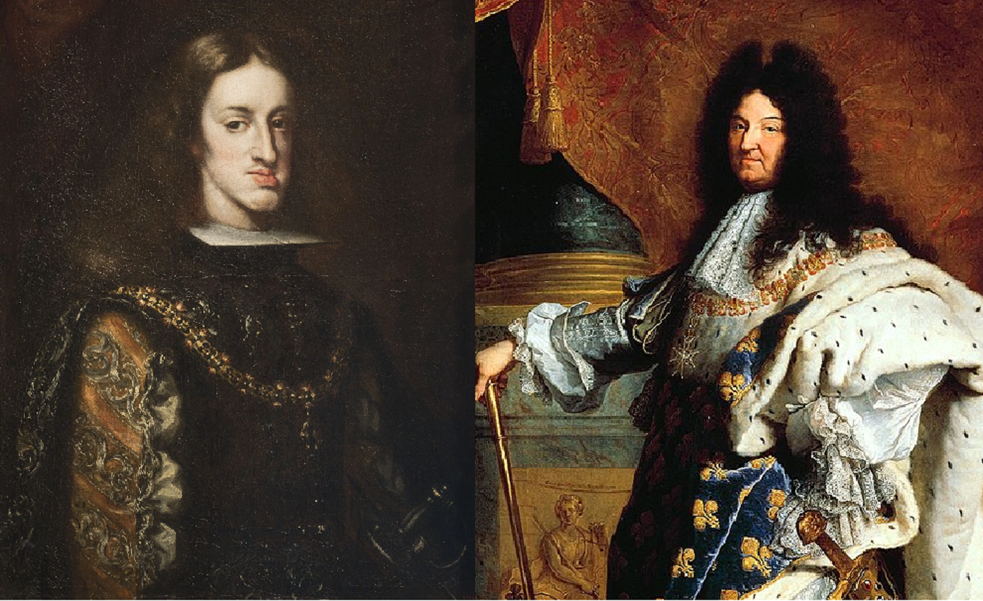 Carlos II y Lluis XIV. Fuente Museu Nacional d'Art de Catalunya y Museo del Louvre