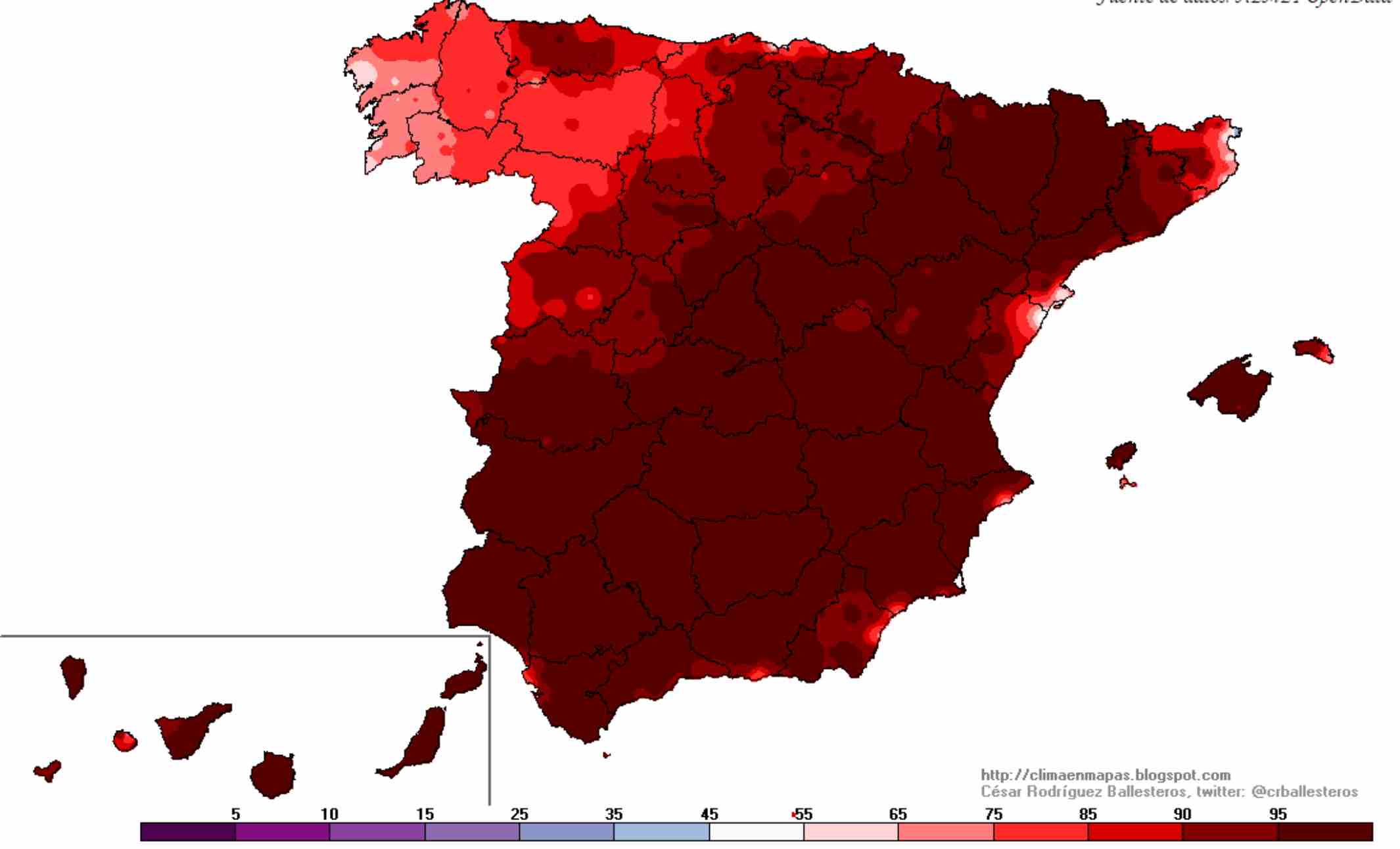 Percentil de temperatura màxima prevista per dijous respecte al període 1991-2020 / Font: @crballesteros AEMET OpenData Percentil de temperatura màxima prevista per dijous respecte al període 1991-2020 / Font: @crballesteros AEMET OpenData