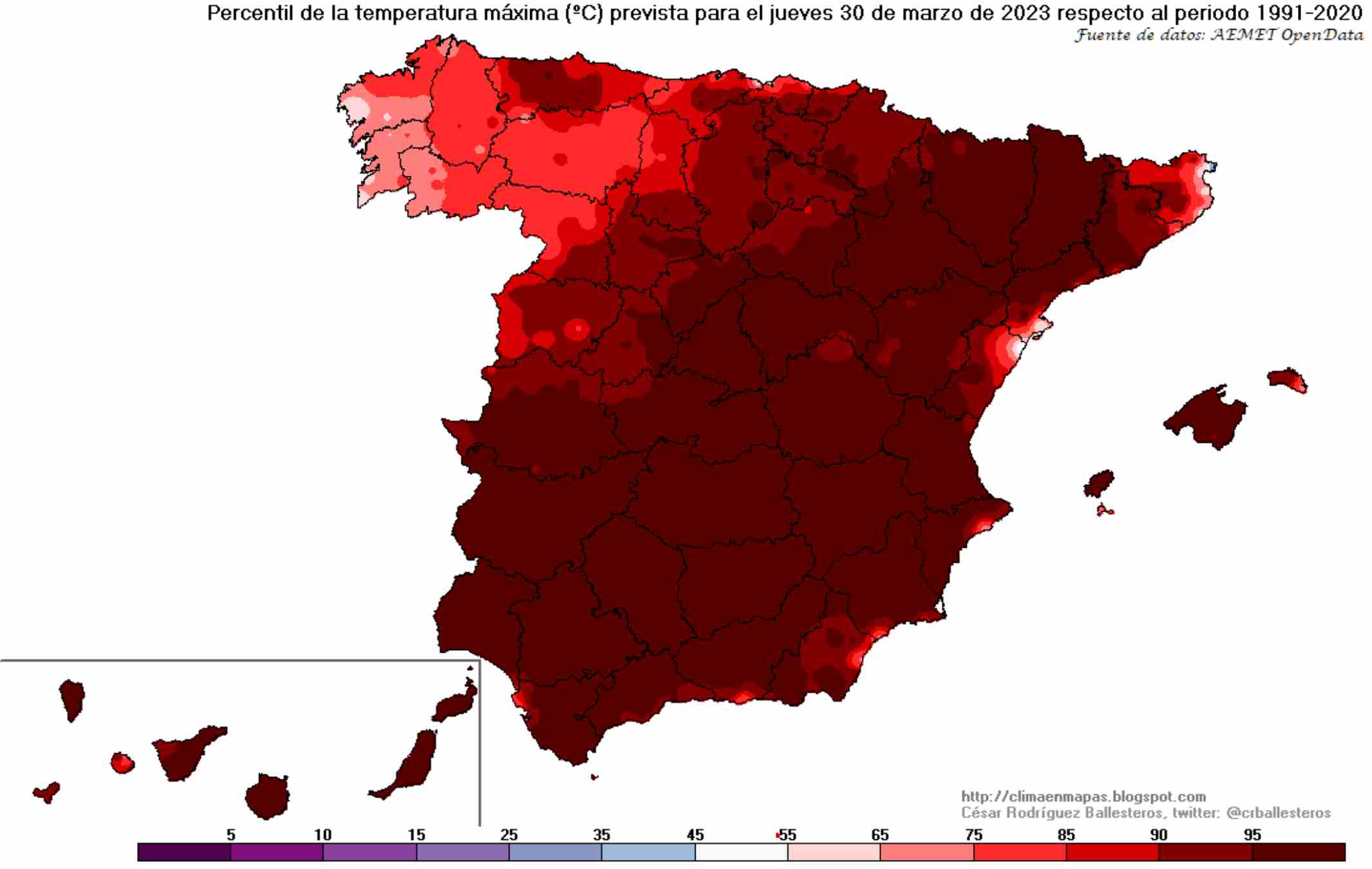 Percentil de temperatura máxima previsto para el jueves respecto al período 1990-2020 / Fuente: @crballesteros AEMET OpenData Percentil de temperatura máxima previsto para el jueves respecto al período 1990-2020 / Fuente: @crballesteros AEMET OpenData