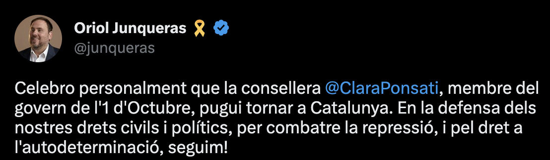 Piado|Tuiteado Oriol Junqueras retorno Ponsati Piado|Tuiteado Oriol Junqueras retorno Ponsati