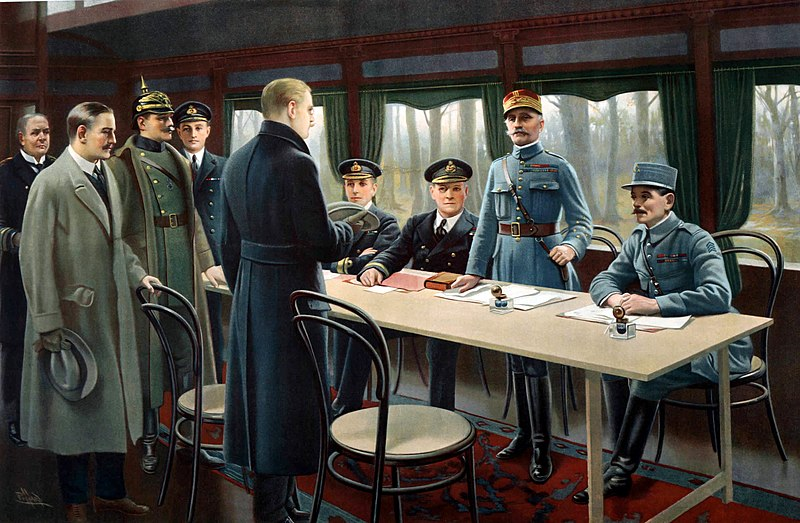 Representación del Armisticio de Compiègne, obra de Maurice Pillard Verneuil (1918). Fuente Wikimedia Commons