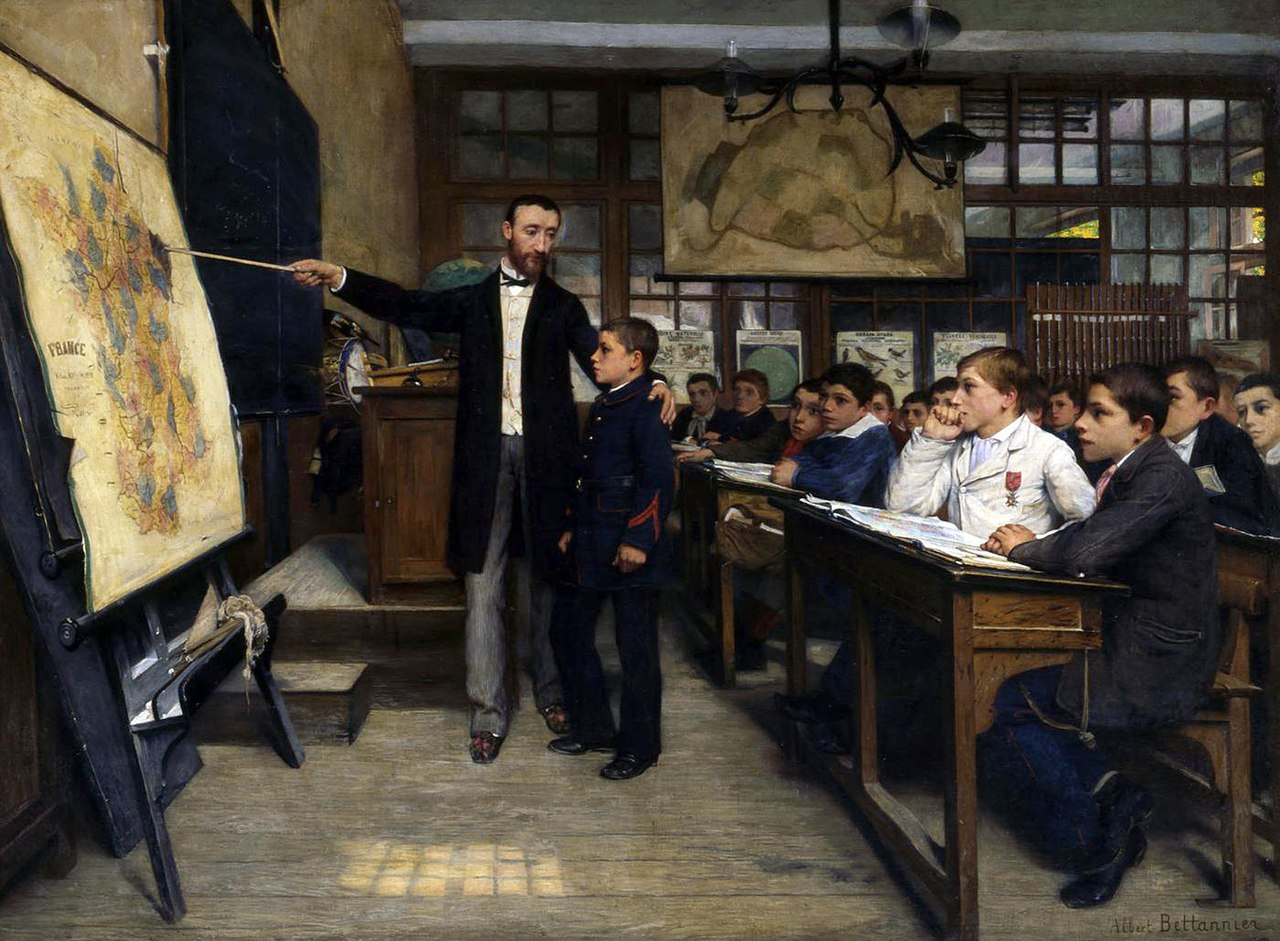 Representació d'una escola francesa després de l'aplicació de la llei Ferry, obra de Albert Bettannier (1887). Font Wikimedia Commons