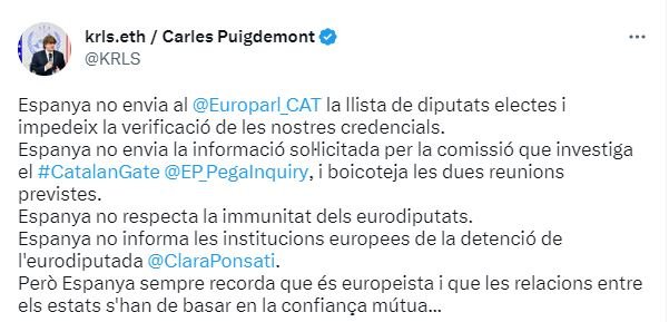 Tuit Carles Puigdemont Espanya Europarlament Tuit Carles Puigdemont Espanya Europarlament