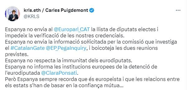 Tuit Carles Puigdemont Espanya Europarlament