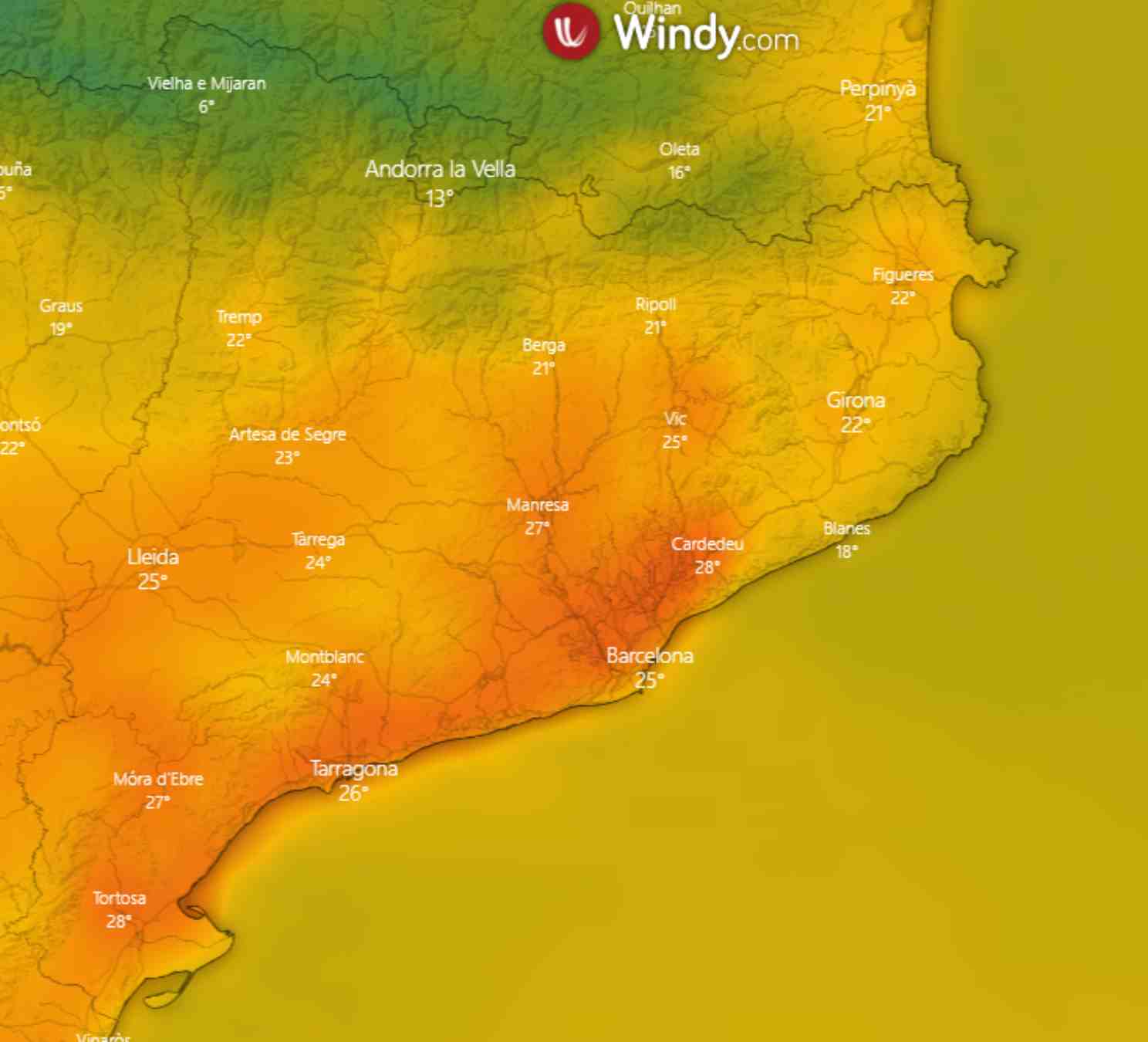 Dimecres farà més calor entre el Delta de l'Ebre i Barcelona: se superaran els 25 ºC! / Windy