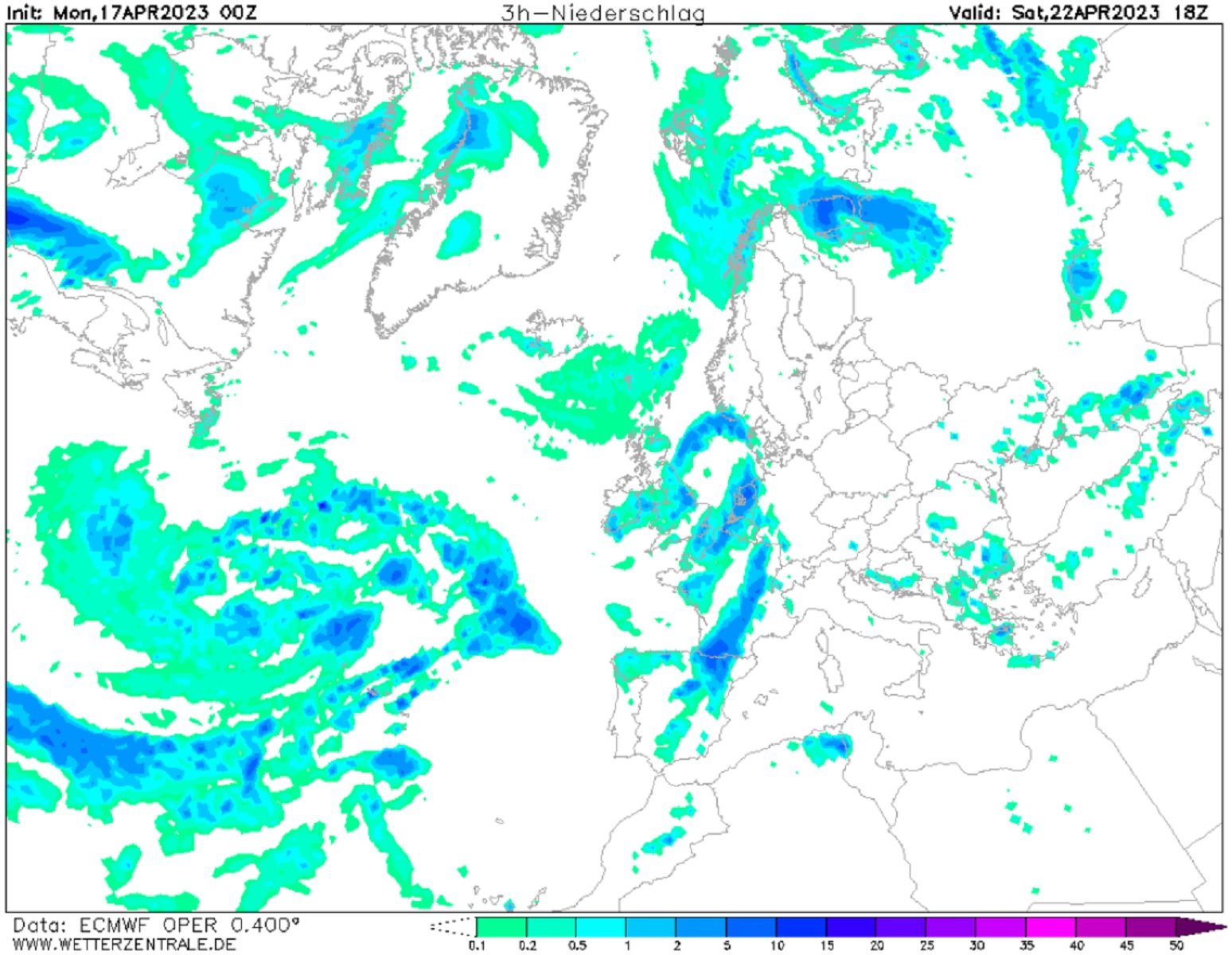 Lluvias y tormentas sábado, 22 de abril noche ECMWF Wetterzentrale