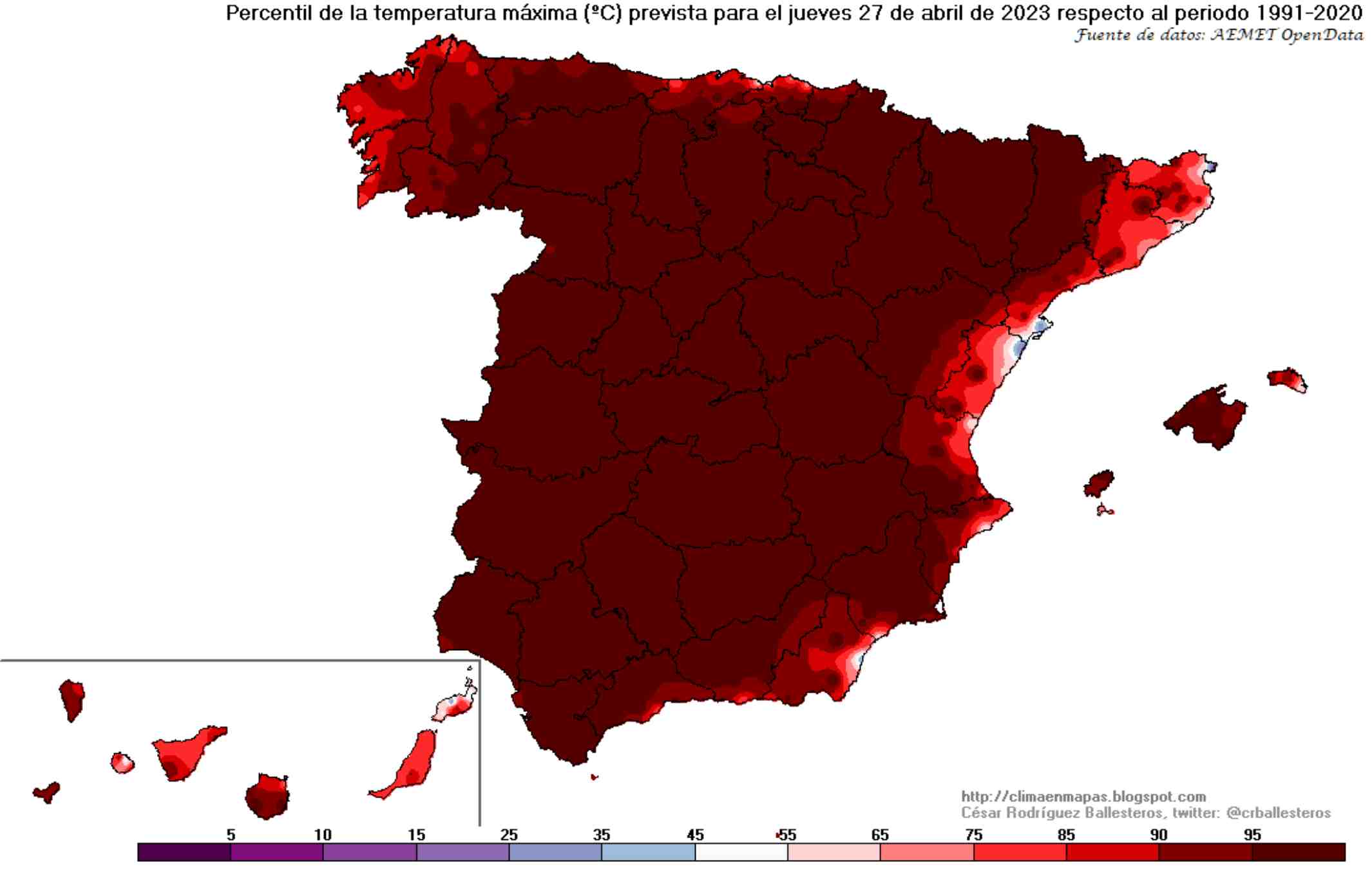 Mapa de percentiles de temperatura máxima prevista. Se supera la normalidad en tota la mitad oeste de Catalunya / climaenmapas.blogspot.com @crballesteros AEMET OpenData